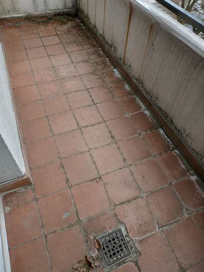 Balkon u Splitu prije sanacije: pločice oštećene smrzavanjem i mahovina u fugama